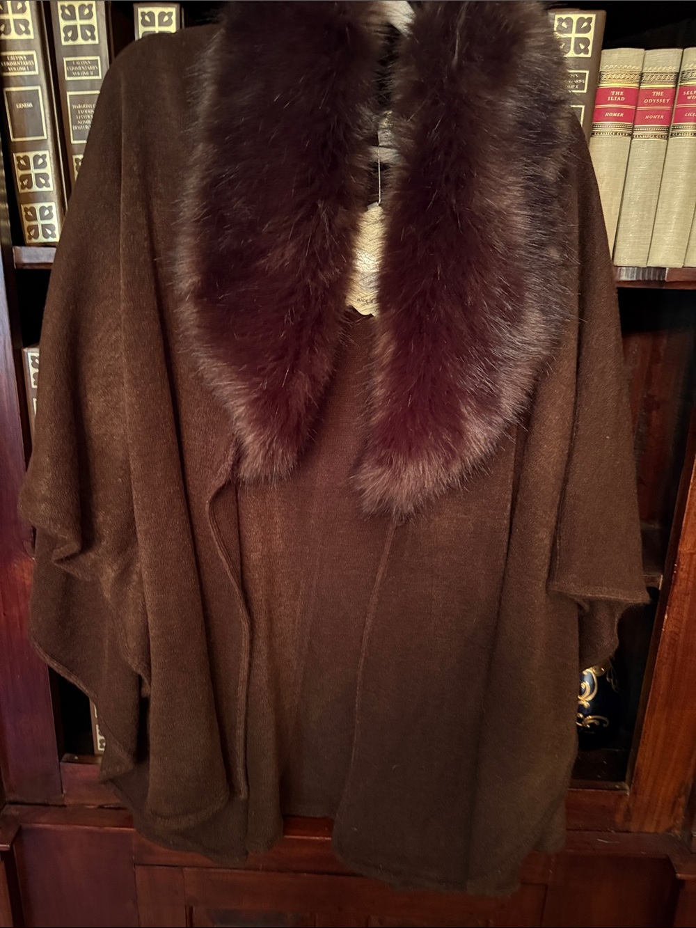 Women's Brown Fur-Trim Poncho Shrug